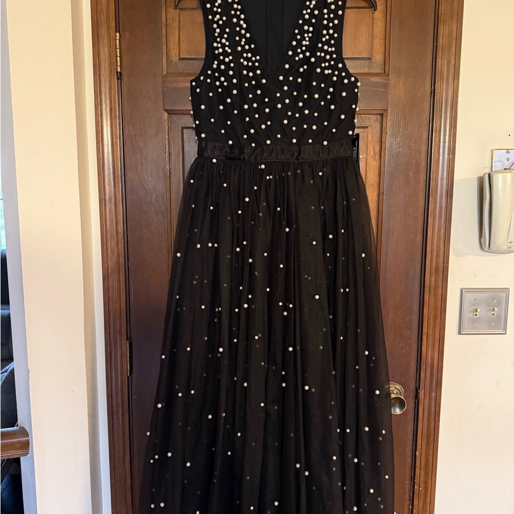 Venus Couture Elegant Black Dress with Pearl Accents - Size 10
